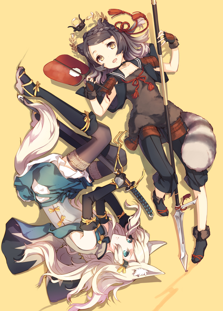 animal_ears black_hair black_legwear blue_eyes brown_eyes detached_sleeves elbow_gloves fan fingerless_gloves gloves h2so4 hair_tubes holding katana long_hair looking_at_viewer lying multiple_girls on_back original polearm raccoon_tail ribbon sandals silver_hair spear sword tail thigh-highs thighhighs weapon wolf_ears wolf_tail yellow_background