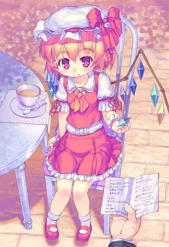 ascot blonde_hair chair cup flandre_scarlet hat hat_ribbon holding kawamura_tenmei looking_at_viewer paper red_eyes ribbon saucer side_ponytail sitting skirt smile solo spoon table teacup touhou wings