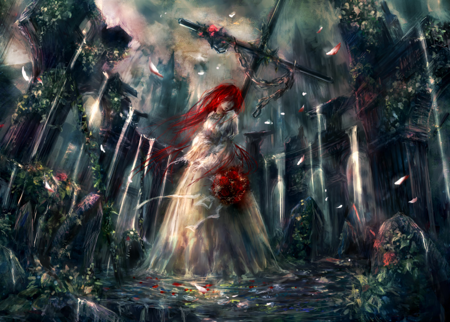 chain chains cross dress flower long_hair miyina original petals red_hair redhead rose ruins solo sunlight water