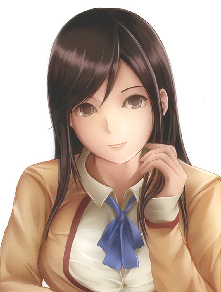 breasts brown_eyes brown_hair dead_or_alive hand_in_hair kokoro_(doa) large_breasts looking_at_viewer nanacy7 school_uniform simple_background smile white_background
