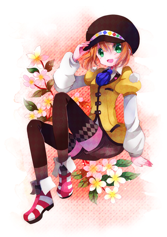 ascot boots brown_hair efu flower green_eyes hat hat_tip holding holding_hat leia_roland open_mouth pantyhose shirt smile solo tales_of_(series) tales_of_xillia tales_of_xillia_2