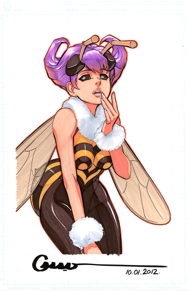 antennae bare_shoulders bee_girl black_eyes dated fur_trim insect_girl insect_wings lips marker_(medium) no_pupils omar_dogan pantyhose purple_hair q-bee signature sleeveless solo traditional_media vampire_(game) wings wrist_cuffs