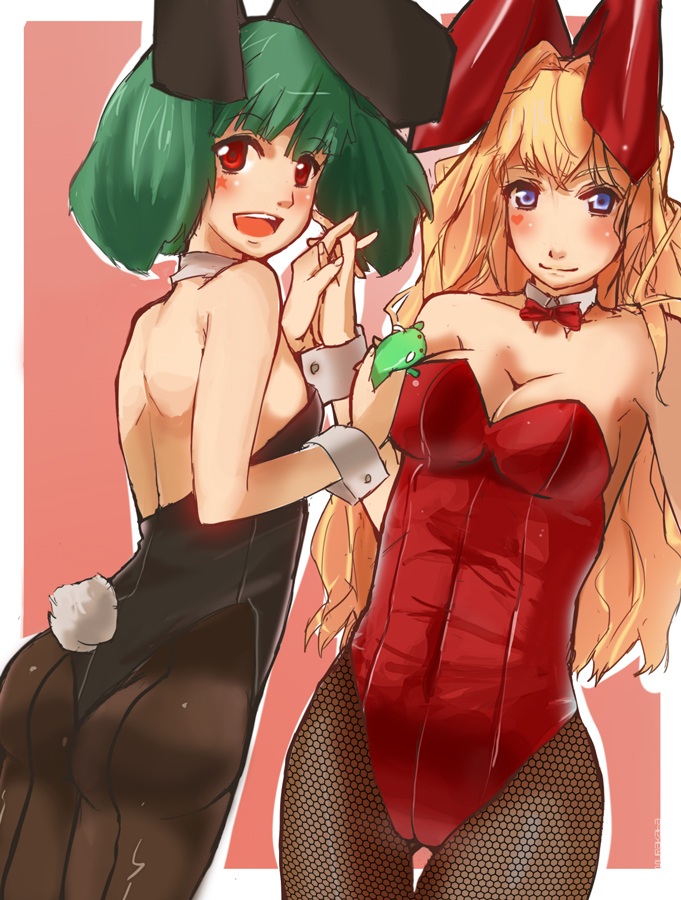 animal_ears ass black_legwear blonde_hair blue_eyes bowtie breasts bunny_ears bunny_tail bunnysuit detached_collar fishnet_pantyhose fishnets green_hair leotard long_hair macross macross_frontier multiple_girls murakata pantyhose rabbit_ears ranka_lee red_eyes sheryl_nome short_hair tail thong_leotard wrist_cuffs