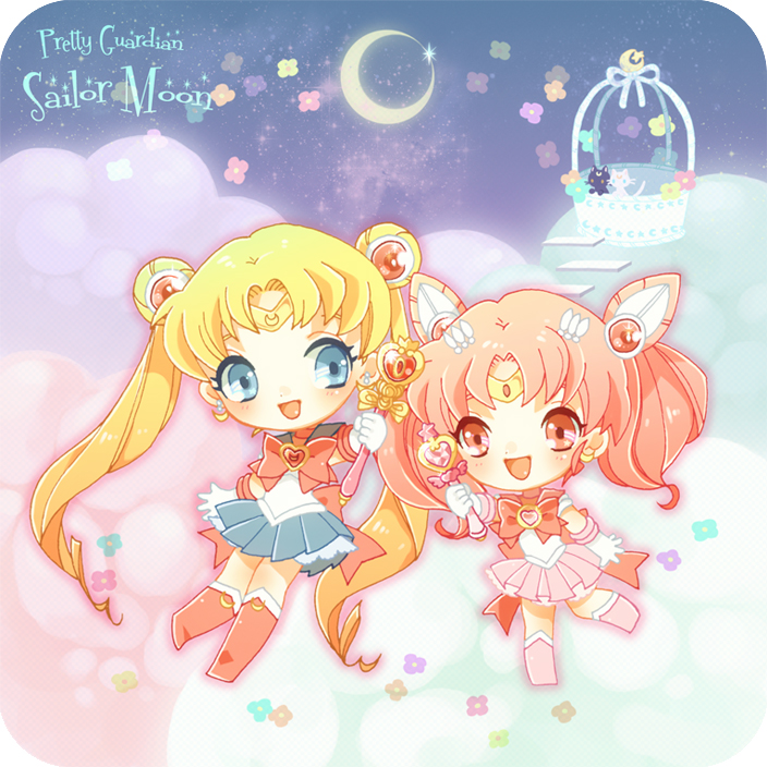 :d artemis basket bishoujo_senshi_sailor_moon blonde_hair blue_eyes boots bow cat chibi chibi_usa cooger crescent_moon flower full_body gloves hair_ornament heart long_hair luna_(sailor_moon) magical_girl moon mother_and_daughter multiple_girls open_mouth pink_hair pleated_skirt red_eyes sailor_chibi_moon sailor_moon skirt smile tiara title_drop tsukino_usagi twintails wand