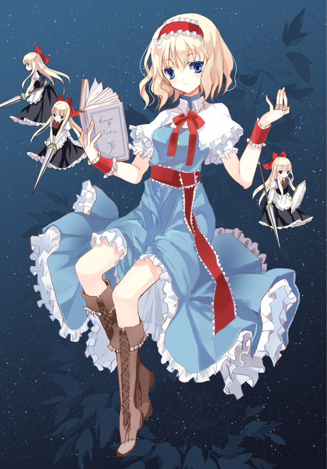 alice_margatroid blonde_hair blue_eyes book boots capelet cierra_(ra-bit) doll dress hairband holding holding_book looking_at_viewer polearm ribbon shanghai_doll shield solo spear touhou weapon