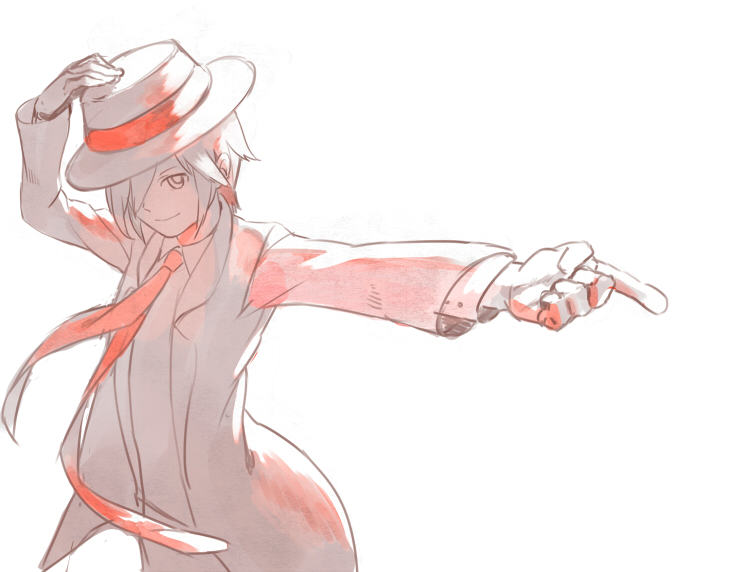 fedora foreshortening formal hair_over_one_eye hat kaito milycat necktie rythm_kaitou simple_background sketch solo suit vocaloid