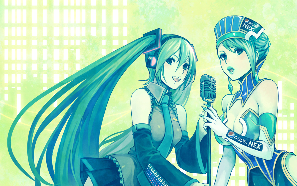 aqua_eyes aqua_hair blue_rose_(tiger_&amp;_bunny) breasts chonorin cleavage crossover detached_sleeves earrings elbow_gloves fingernails gloves hair_ornament hat hatsune_miku jewelry karina_lyle lipstick long_hair makeup microphone multiple_girls necktie pepsi_nex product_placement short_hair superhero tiger_&amp;_bunny twintails very_long_hair vocaloid