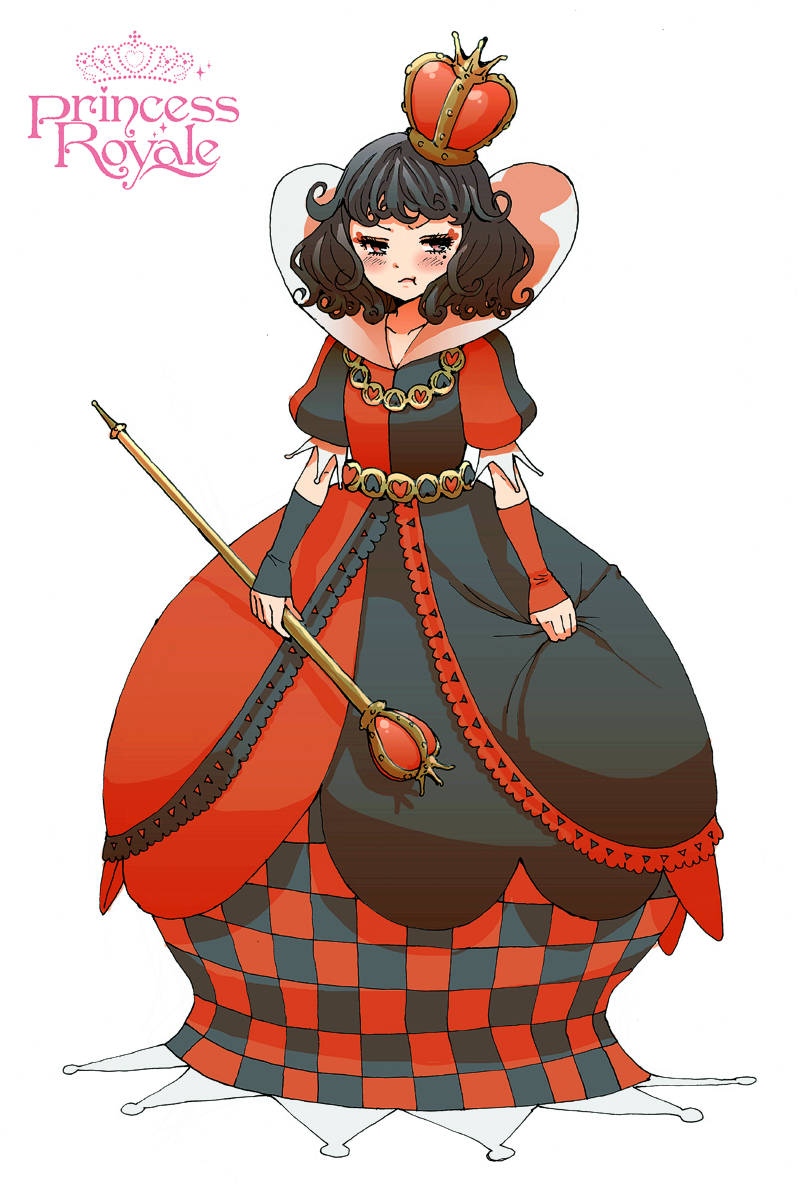 black_hair crown detached_sleeves dress mole pout princess_royale queen_of_hearts red_eyes scepter short_hair yanagida_shita