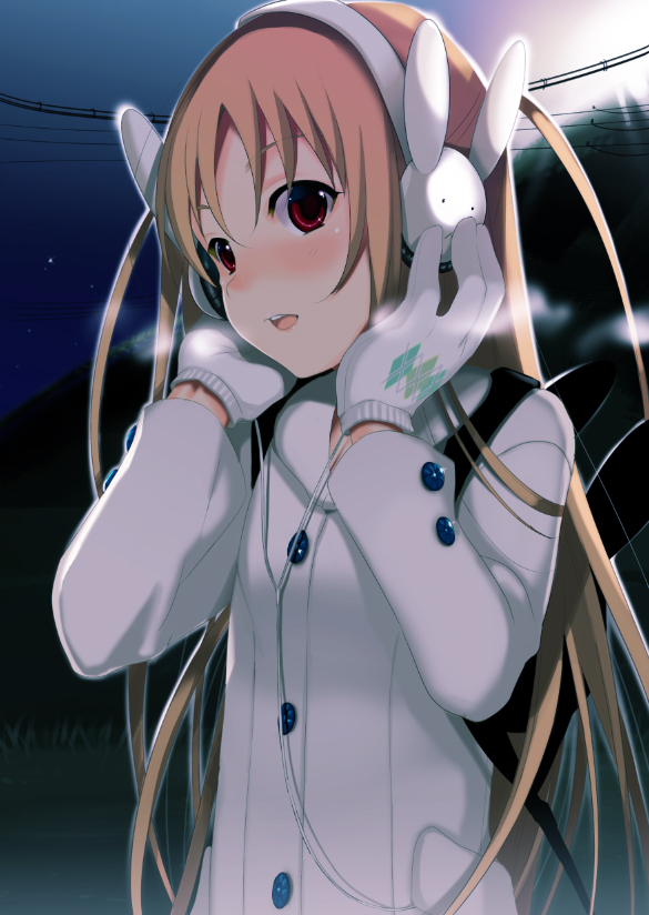 1girl backpack bag blonde_hair blush breath brown_eyes bunny_headphones coat gloves hands_on_headphones jacket long_hair male night open_mouth original rabbit_headphones smile solo trap udk winter winter_clothes