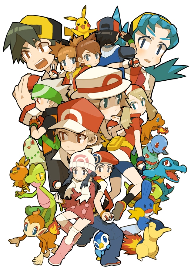 alternate_costume bandana bandanna baseball_cap beret black_hair blue_(pokemon) blue_eyes blush boots brown_hair bulbasaur charmander chikorita chimchar coat crystal_(pokemon) cyndaquil fiery_tail gold_(pokemon) hajime_(pokemon) hal_(artist) happy haruka_(pokemon) hat hat_tip headband highres hikari_(pokemon) hitomi_(pokemon) holding holding_poke_ball jacket jeans kneehighs kouki_(pokemon) long_hair mudkip open_mouth pikachu piplup poke_ball pokemon pokemon_(anime) pokemon_(game) pokemon_dppt pokemon_frlg pokemon_gsc pokemon_ranger pokemon_rse porkpie_hat red_(pokemon) red_(pokemon)_(remake) red_eyes satoshi_(pokemon) scarf short_hair short_twintails simple_background smile socks squirtle throwing_poke_ball title_drop torchic totodile treecko turtwig twintails v white_hair white_legwear winter_clothes yuuki_(pokemon) yuuki_(pokemon_emerald)