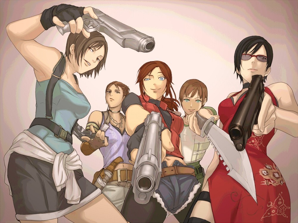 5girls aogje black_hair black_lagoon blue_eyes breasts brown_hair claire_redfield dark_skin dress earrings gloves gun jewelry jill_valentine lips looking_at_viewer multiple_girls necklace parody ponytail rebecca_chambers resident_evil resident_evil_0 resident_evil_2 resident_evil_3 resident_evil_4 resident_evil_5 sheva_alomar short_hair skirt sleeveless smile sunglasses trigger_discipline uneven_eyes weapon