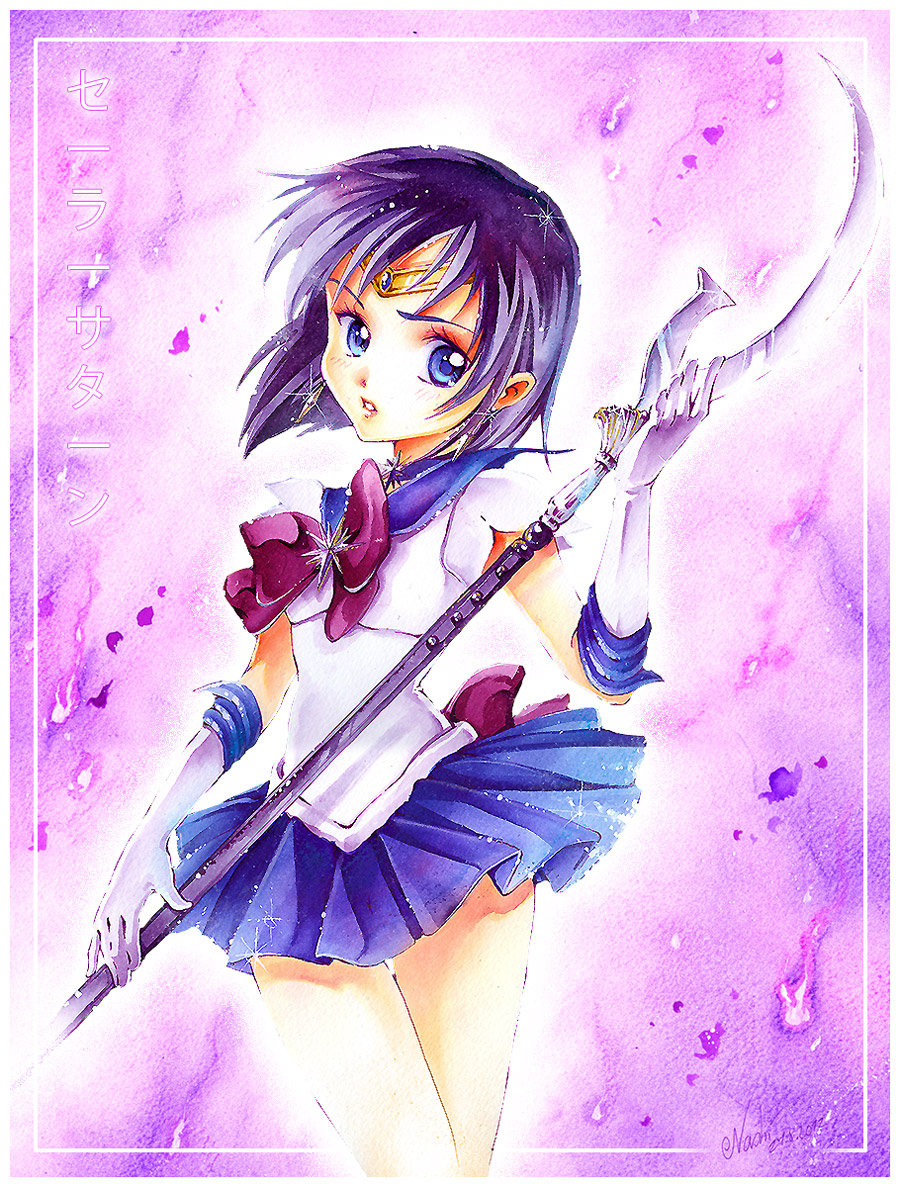 bishoujo_senshi_sailor_moon blue_eyes bob_cut border bow character_name crystal dated earrings elbow_gloves gloves jewelry nashi_juni parted_lips pleated_skirt purple purple_background sailor_collar sailor_saturn scythe short_hair signature silence_glaive skirt solo tiara tomoe_hotaru traditional_media translated watercolor_(medium) weapon white_gloves