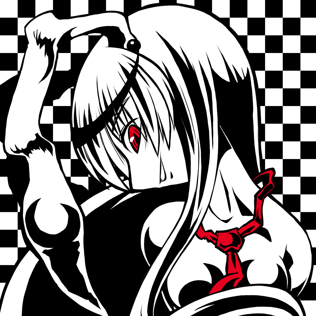 animal_ears breasts bunny_ears checkered checkered_background long_hair monochrome necktie nude rabbit_ears red_eyes reisen_udongein_inaba smile solo sonson_(eleven) touhou