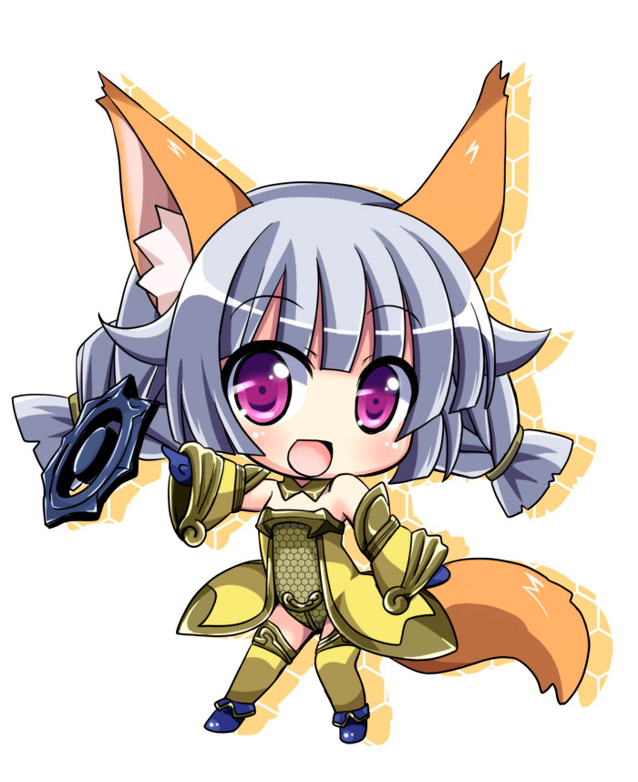 :d animal_ears bare_shoulders blush chibi detached_sleeves elin_(tera) fox_ears fox_tail gloves looking_at_viewer open_mouth purple_eyes silver_hair smile solo tail tera_online thigh-highs thighhighs tougo twintails violet_eyes weapon