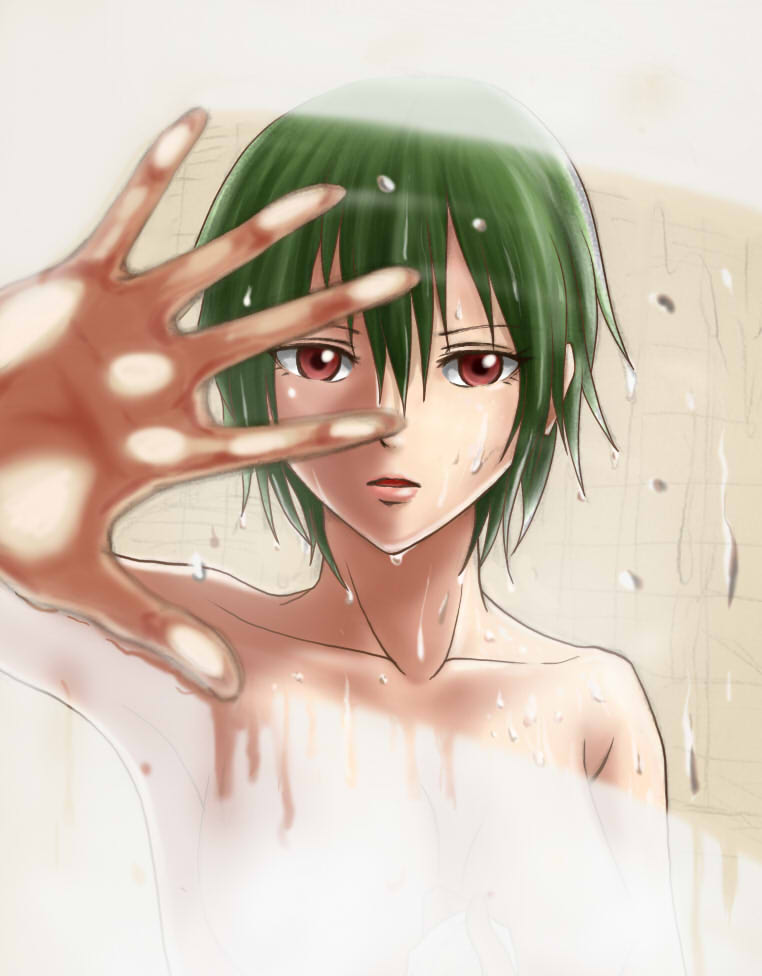 alvares breasts censored cleavage condensation convenient_censoring foreshortening green_hair mirror nude original outstretched_hand parted_lips red_eyes short_hair shower solo tsurime wiping