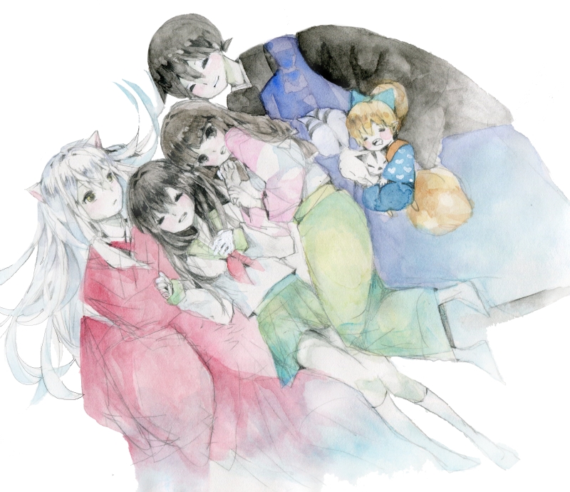 3boys akane_y animal_ears annoyed black_hair closed_eyes dog_ears eyes_closed friends hair_between_eyes higurashi_kagome inuyasha inuyasha_(character) kirara_(inuyasha) kneehighs long_hair long_skirt lying miroku multiple_boys multiple_girls sango school_uniform serafuku shippou skirt sleeping tail traditional_media watercolor_(medium) white_hair white_legwear