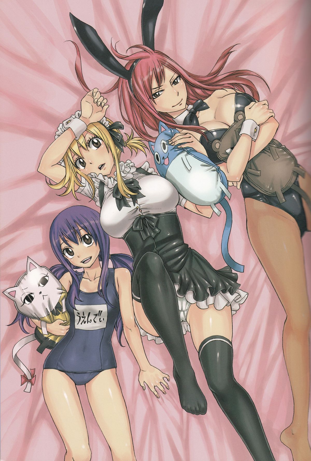 animal_ears bare_shoulders bed_sheet black_legwear blonde_hair blue_hair breasts brown_eyes bunny_ears bunny_girl bunnysuit character_doll character_pillow charle_(fairy_tail) cleavage detached_collar erza_scarlet fairy_tail hand_on_forehead happy_(fairy_tail) highres large_breasts long_hair lucy_heartfilia lying maid maid_headdress mashima_hiro multiple_girls no_shoes on_back one-piece_swimsuit open_mouth pantherlily panties pantyhose rabbit_ears red_hair redhead scan school_swimsuit short_hair side_ponytail smile swimsuit thigh-highs thighhighs wendy_marvell wrist_cuffs
