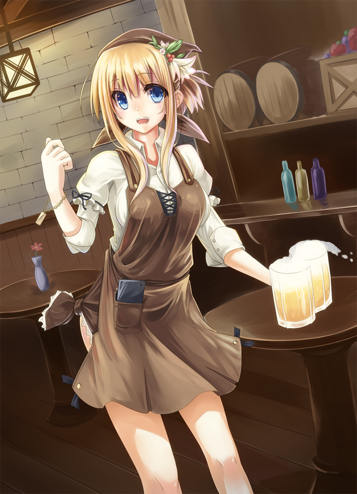 :d apron barrel beer blonde_hair blue_eyes case flower glass long_hair looking_at_viewer open_mouth original smile solo table taletale waitress