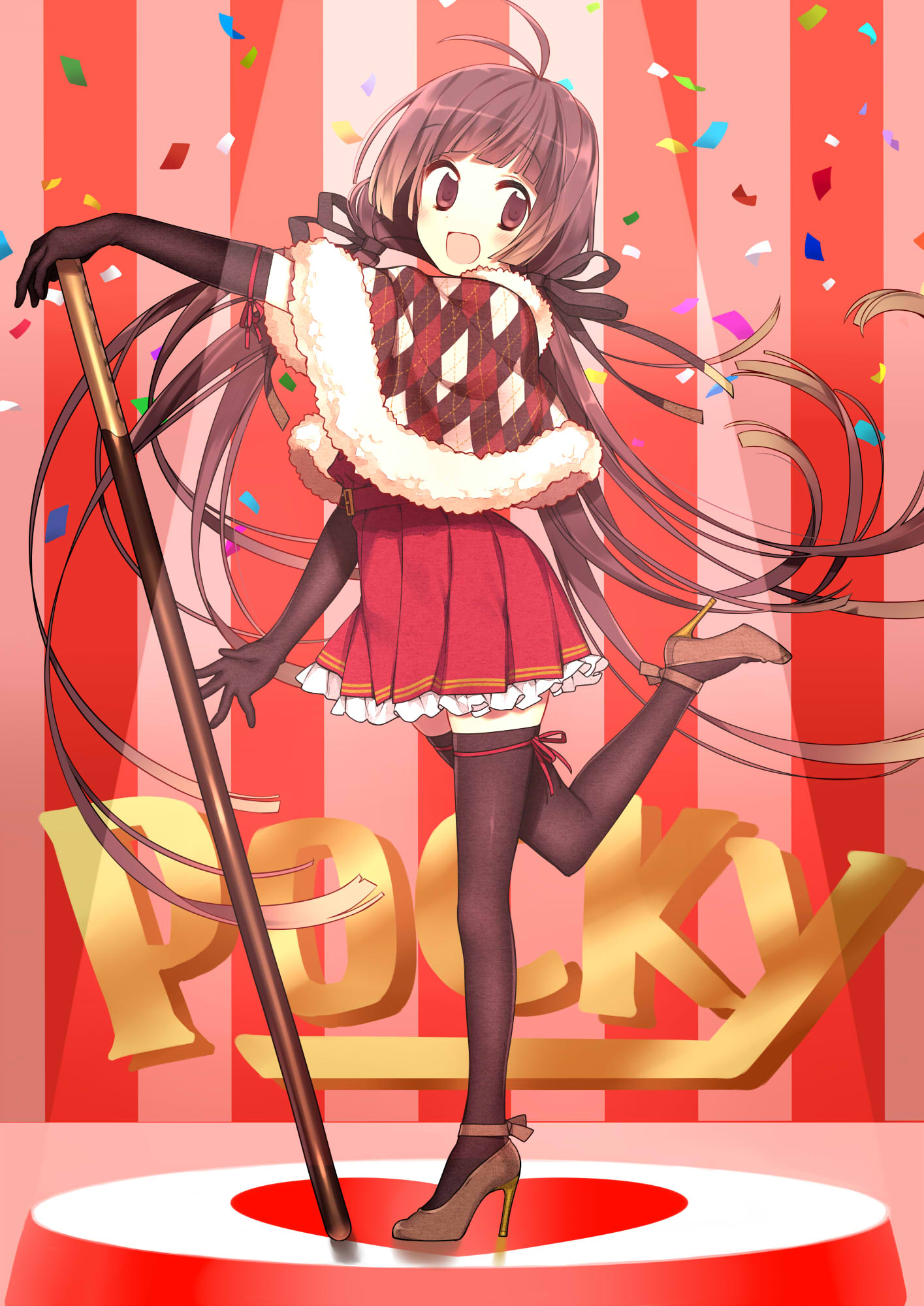 :d antenna_hair argyle black_hair black_legwear capelet confetti elbow_gloves gloves hanabana_tsubomi high_heels highres leg_up long_hair open_mouth original pleated_skirt pocky red_eyes shoes skirt smile solo standing_on_one_leg striped striped_background thigh-highs thighhighs vertical_stripes very_long_hair
