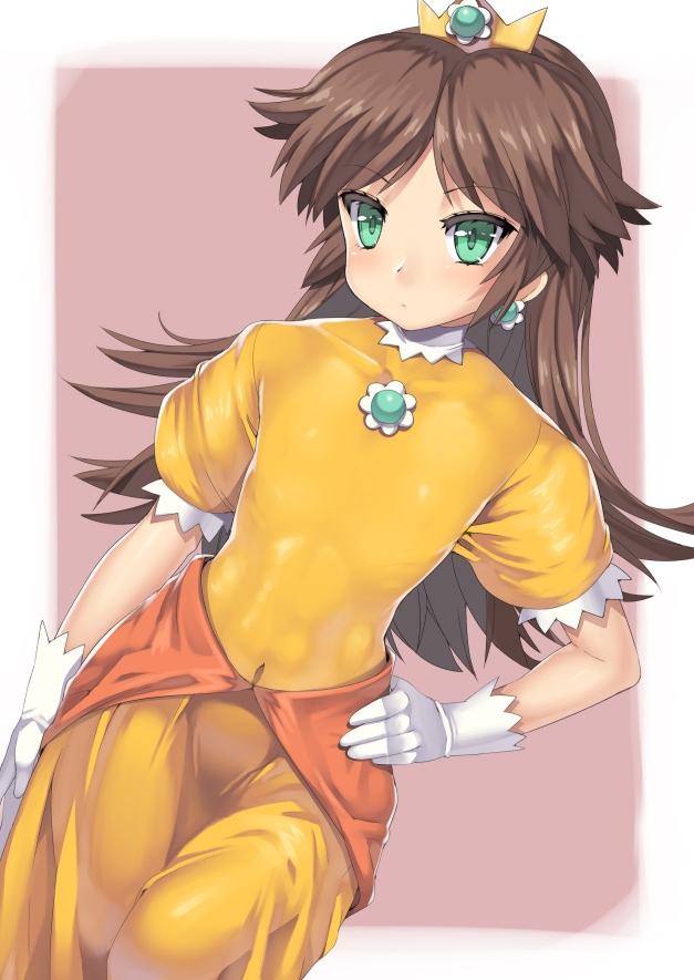 aqua_eyes blush brooch brown_hair clothed_navel dress earrings flat_chest gloves green_eyes hand_on_hip jewelry long_hair nagase_haruhito navel nintendo princess princess_daisy simple_background skin_tight solo super_mario_bros. teal_eyes tiara tight two-tone_background white_gloves yellow_dress