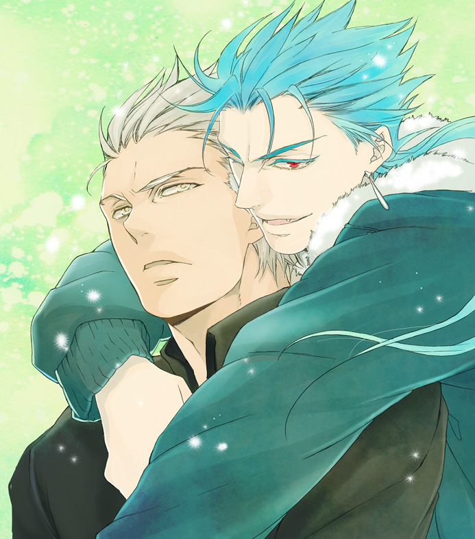 archer blue_hair casual earrings fate/stay_night fate_(series) jacket jewelry jun_(ash) lancer long_hair multiple_boys red_eyes white_eyes white_hair