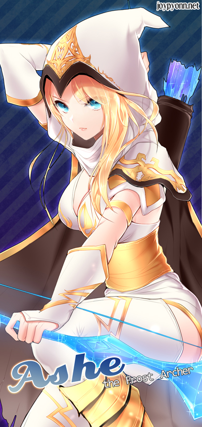 arrow artist_name ashe_(league_of_legends) blonde_hair blue_eyes boots bow_(weapon) breasts character_name cleavage hood joypyonn league_of_legends long_hair quiver solo thigh-highs thighhighs weapon white_legwear