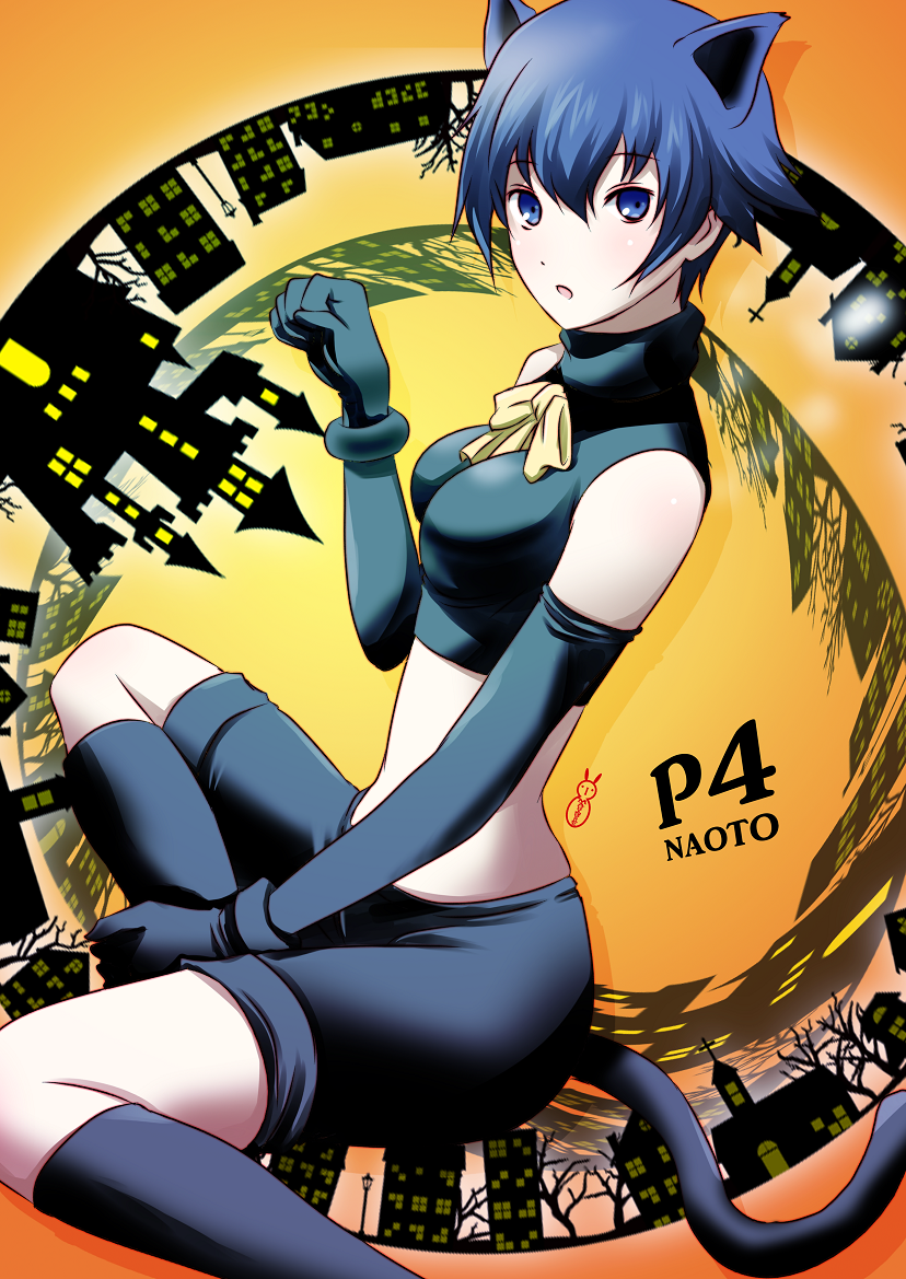 animal_ears blue_eyes blue_hair cat_ears cat_tail halloween machinosuke persona persona_4 shirogane_naoto short_hair solo tail