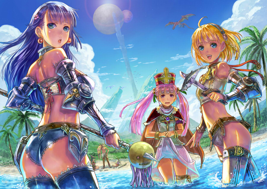 1boy 4girls :d :o arm_up armor ass bare_shoulders beach bikini_armor black_legwear blonde_hair blue_eyes blue_hair blush braid cape cloud clouds docoi dragon earrings fish gauntlets hair_ornament hairclip hand_on_hip hat holding jewelry knife lens_flare long_hair looking_at_viewer looking_back midriff multiple_girls open_mouth original panties partially_submerged pink_hair planet polearm purple_eyes shiny shiny_skin short_hair single_braid sitting sky smile spear sunlight thigh-highs thigh_gap thigh_strap thighhighs tree twintails underwear violet_eyes wading water weapon witch_hat
