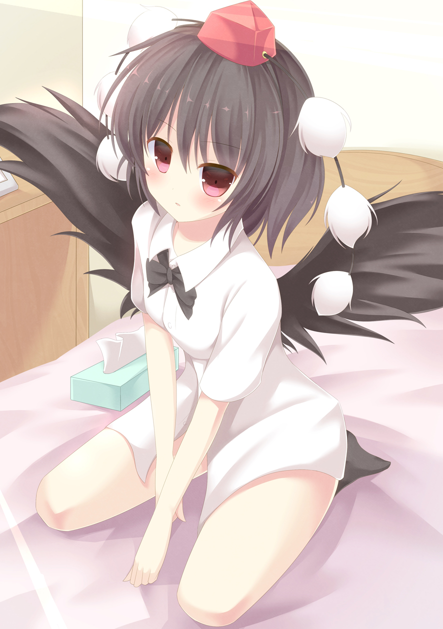 bed black_hair black_socks black_wings blush bottomless bow dress_shirt feet hat hat_ribbon highres looking_at_viewer naked_shirt no_pants on_bed pen-zin red_eyes ribbon shameimaru_aya shirt short_hair short_sleeves sitting socks solo tissue_box tokin_hat touhou wings