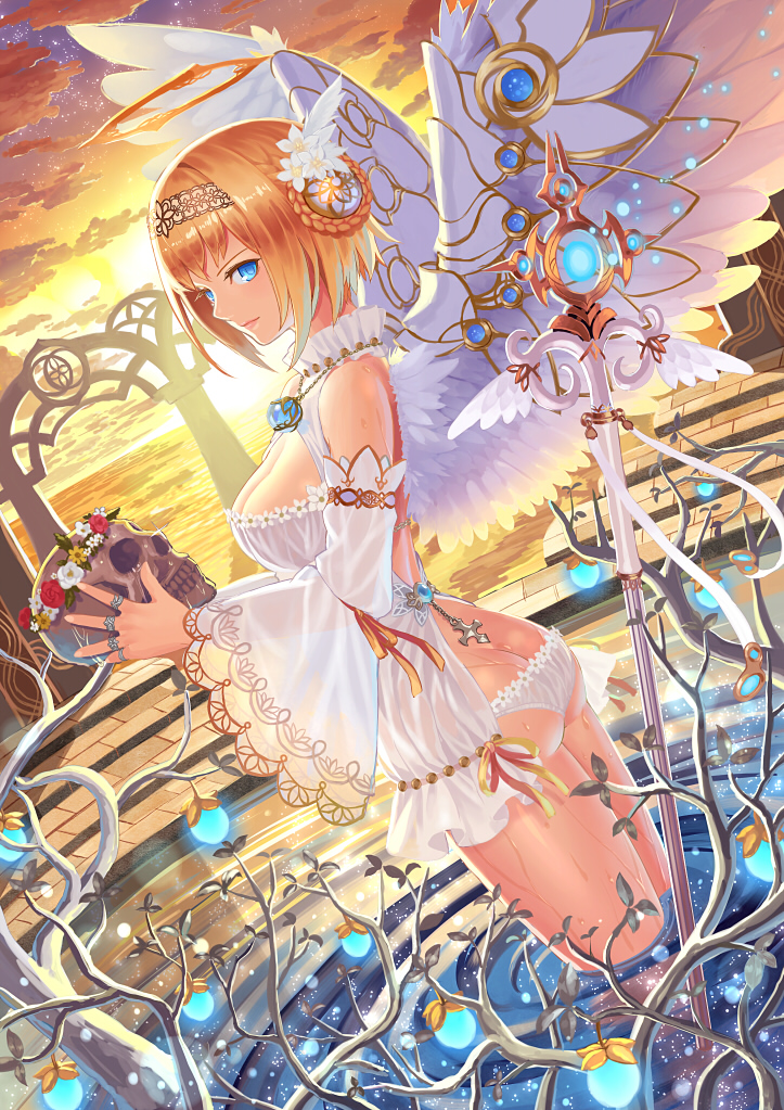 backlighting bare_shoulders blonde_hair blue_eyes butt_crack detached_sleeves dutch_angle hair_ornament holding k+ large_wings light_particles original panties partially_submerged short_hair skull solo staff sunlight sunset underwear water white_panties wings