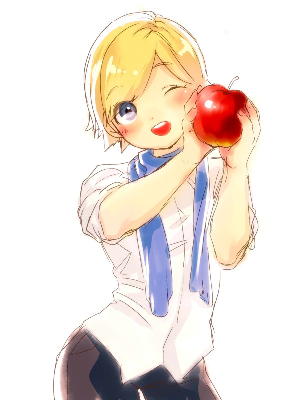 ;d apple artist_request blonde_hair blue_eyes blush food fruit holding katou_teppei open_mouth resident_evil resident_evil_6 scarf sherry_birkin short_hair sleeves_rolled_up smile solo white_background wink