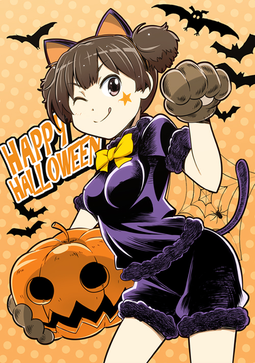 &gt;;) :q ;q animal_ears brown_hair c_(neta) cat_ears cat_paws halloween happy_halloween jack-o'-lantern k-on! paw_pose paws pumpkin suzuki_jun tongue wink