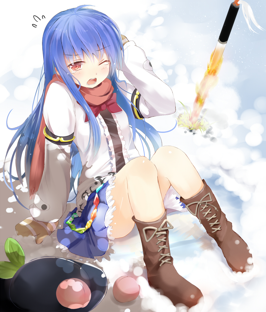 blue_hair blush boots efe flying_sweatdrops food fruit gloves hat hat_removed headwear_removed hinanawi_tenshi long_hair peach red_eyes scarf sitting skirt snow solo sword_of_hisou touhou wink