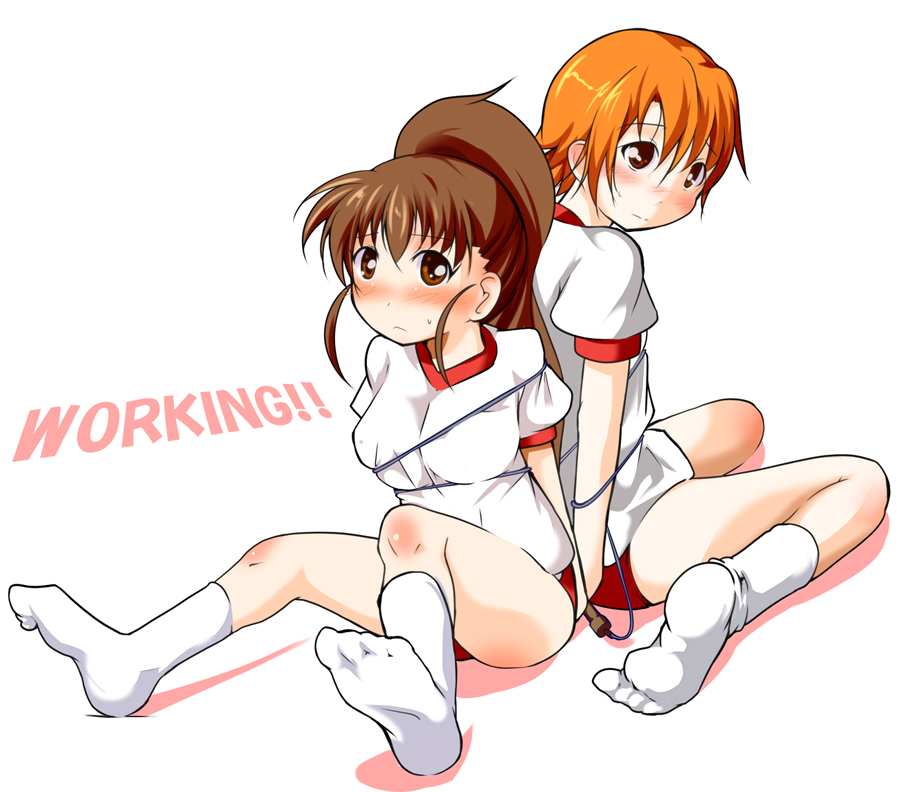 blush breasts brown_eyes brown_hair buruma entangled gym_uniform inami_mahiru jump_rope long_hair looking_at_viewer multiple_girls no_shoes orange_hair sch short_hair simple_background socks taneshima_popura title_drop white_background white_legwear working!!