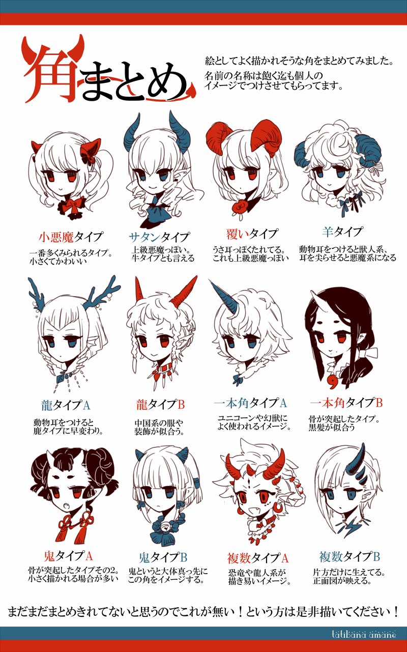 antlers blue_eyes demon_horns dragon_horns highres horn horns jewelry magatama monster_girl necklace original partially_translated pointy_ears red_eyes sheep_horns tachibana_amane_(amane01a) translation_request