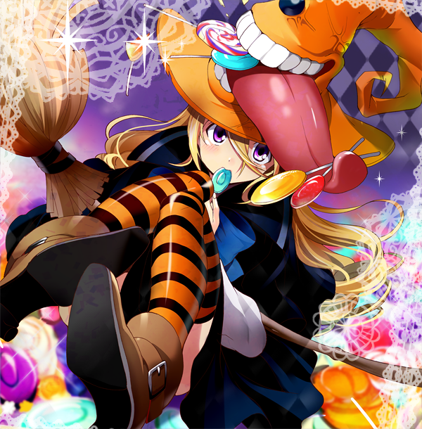 blonde_hair blush broom candy hat hirococo holding lollipop long_hair looking_at_viewer original purple_eyes solo striped striped_legwear swirl_lollipop thigh-highs thighhighs tongue violet_eyes