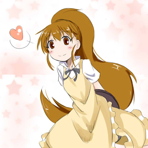 arms_behind_back blush brown_eyes brown_hair heart long_hair lowres no_nose sch smile solo taneshima_popura very_long_hair working!!