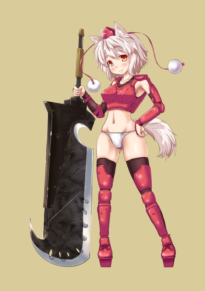 akadume animal_ears armor blush boots detached_sleeves floral_print gauntlets hand_on_hip hat hat_ribbon huge_weapon inubashiri_momiji long_sleeves looking_at_viewer midriff monster_hunter no_pants no_shirt panties red_eyes ribbon short_hair silver_hair smile solo sword tail thigh-highs thigh_boots thighhighs tokin_hat touhou underwear weapon white_panties wide_sleeves wolf_ears wolf_tail