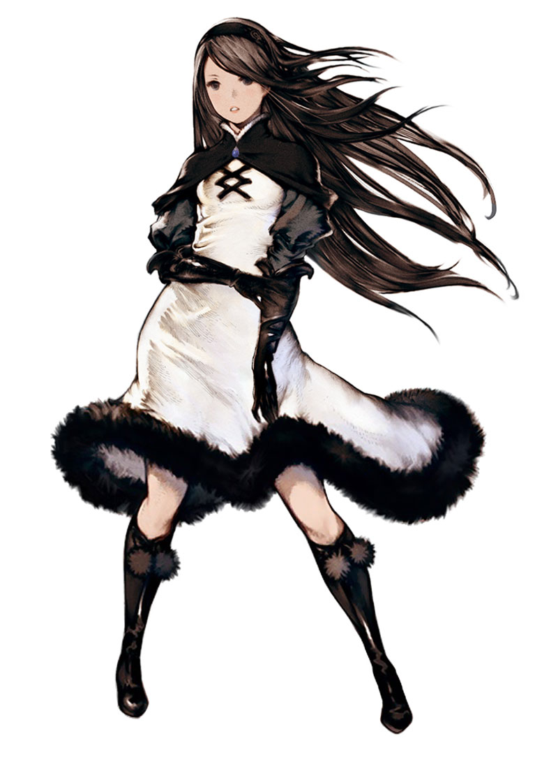 agnes_oblige black_eyes black_hair boots bravely_default:_flying_fairy bravely_default_flying_fairy cape dress elbow_gloves fur gloves hairband highres knee_boots long_hair official_art open_mouth puffy_sleeves simple_background skirt solo standing white_background yoshida_akihiko