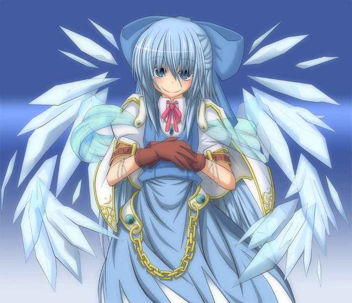 alternate_costume blue_eyes blue_hair chain chains cirno gloves hair_ribbon ice ice_wings jikai long_hair ribbon solo touhou very_long_hair wings