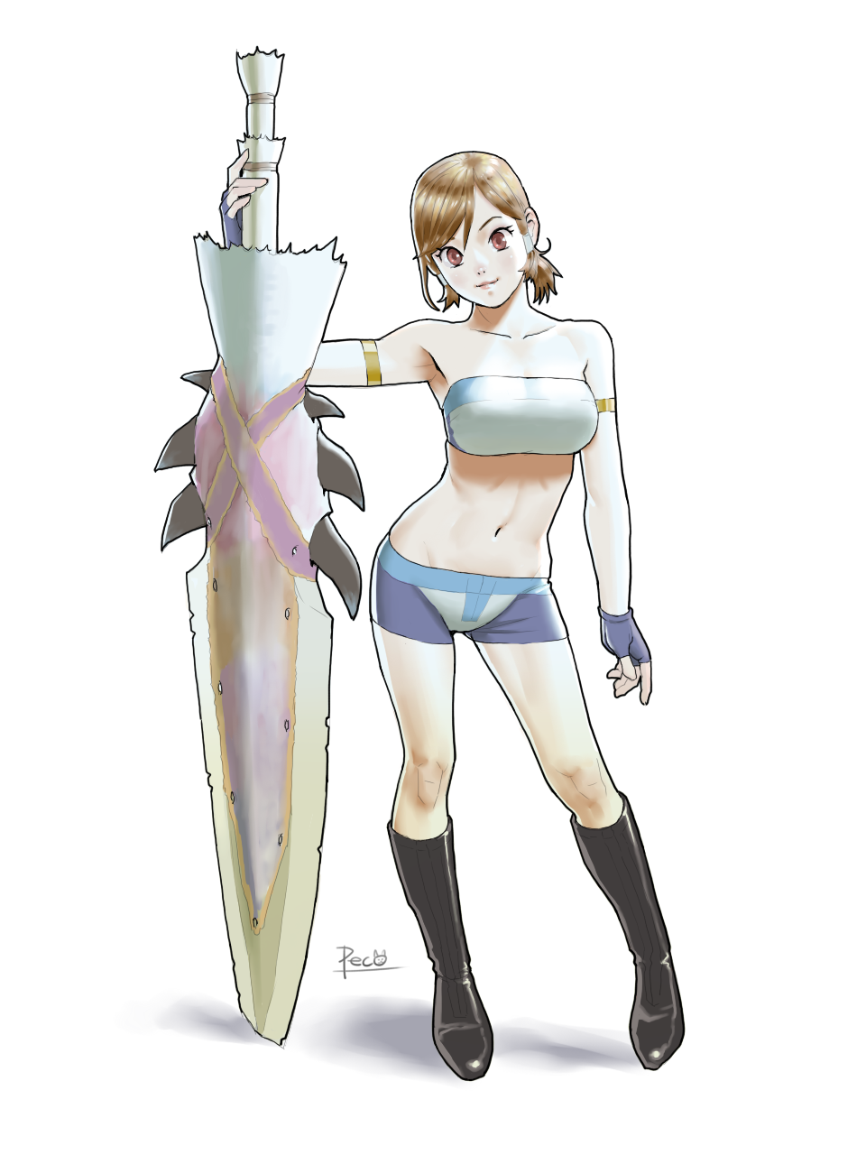 armlet armpits bare_shoulders boots breasts brown_eyes brown_hair fingerless_gloves gloves highres huge_weapon knee_boots large_breasts looking_at_viewer midriff monster_hunter monster_hunter_portable_3rd navel peco_(pockleberry) planted_sword planted_weapon short_hair short_shorts shorts simple_background standing sword tubetop weapon white_background