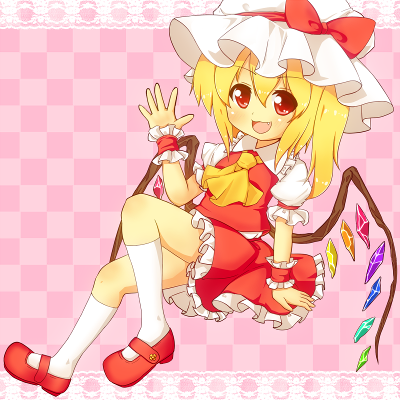arm_up ascot blonde_hair blush checkered checkered_background crystal fang flandre_scarlet hat hat_ribbon inanosuke mary_janes open_mouth red_eyes ribbon shoes short_hair side_ponytail sitting skirt smile socks solo touhou white_legwear wings wrist_cuffs