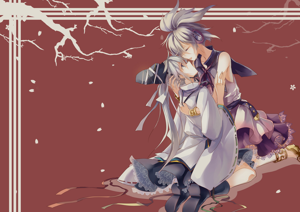 belt boots branch brown_hair cherry_blossoms closed_eyes earmuffs eyes_closed frilled_skirt hat hug japanese_clothes kariginu kneeling leg_brace long_hair looking_at_another mononobe_no_futo multiple_girls open_mouth petals short_hair silver_hair simple_background sleeveless smile tate_eboshi touhou toyosatomimi_no_miko wide_sleeves yetworldview_kaze