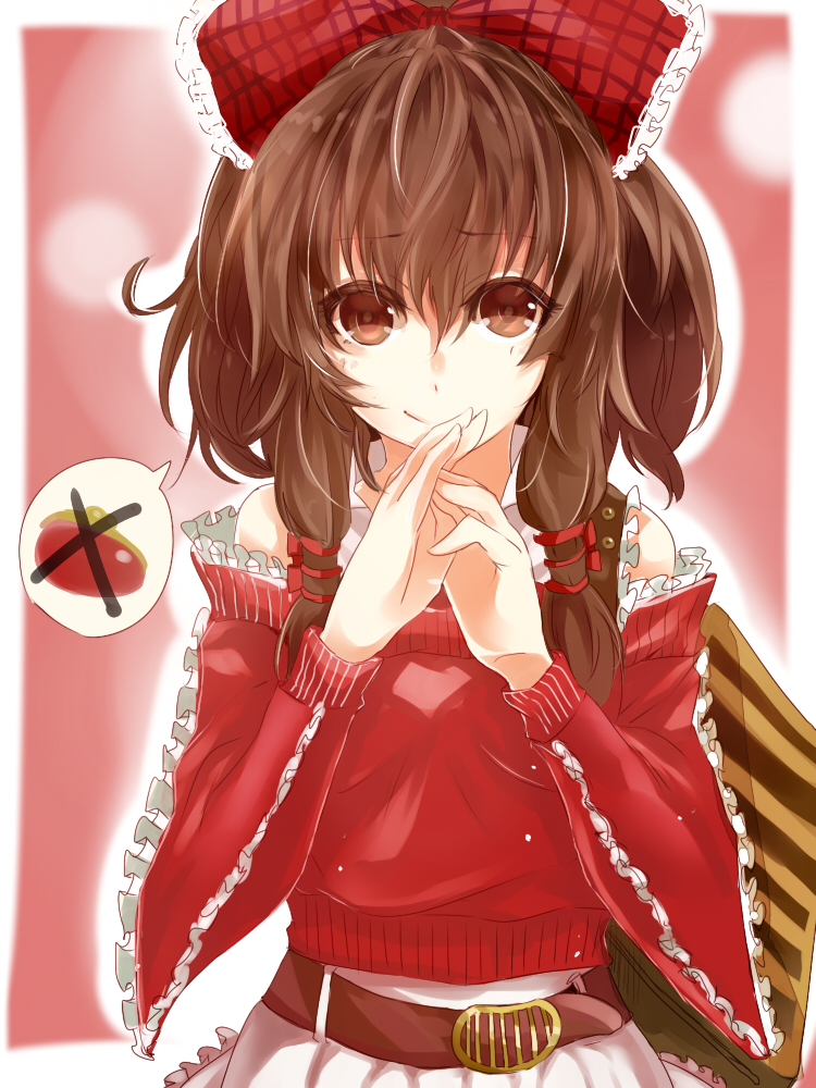 amua bare_shoulders brown_eyes brown_hair hair_ribbon hakurei_reimu ribbon short_hair simple_background smile solo touhou