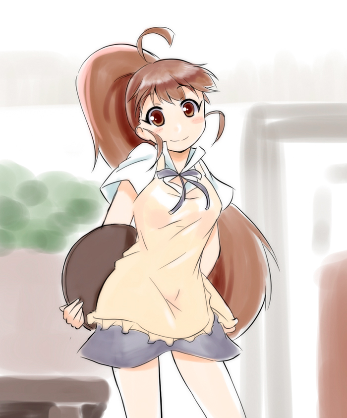 arms_behind_back breasts brown_eyes brown_hair long_hair looking_at_viewer ponytail sch smile solo taneshima_popura very_long_hair working!!