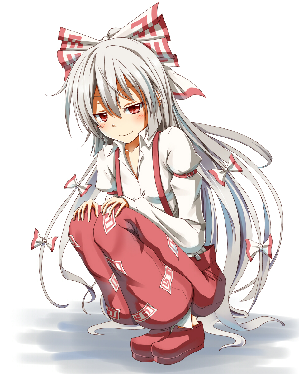 blush flask_(pandora) fujiwara_no_mokou highres long_hair red_eyes simple_background smile solo suspenders touhou very_long_hair white_background white_hair