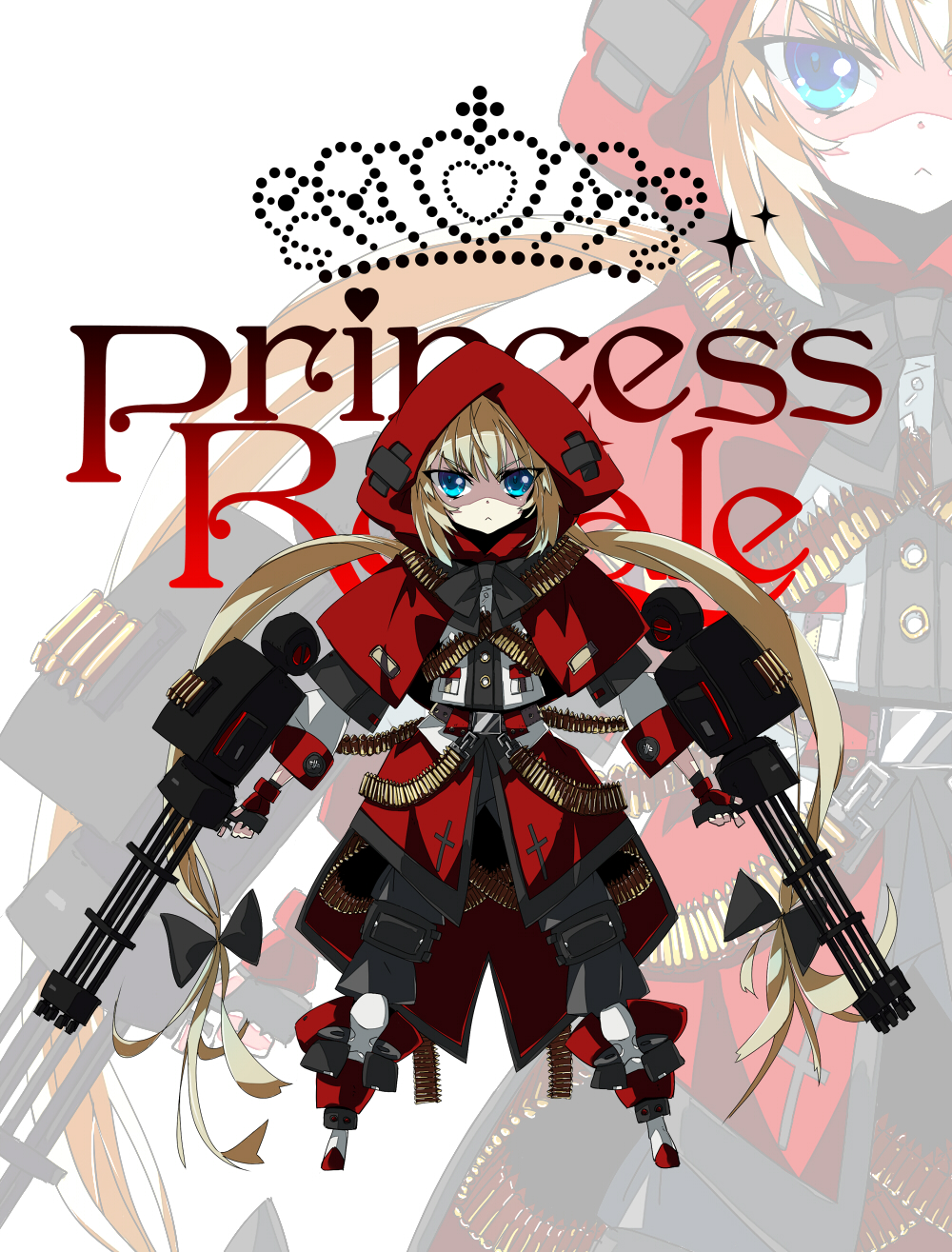 blonde_hair blue_eyes dual_wielding grimm's_fairy_tales grimm's_fairy_tales gun highres hood little_red_riding_hood long_hair machine_gun magazine_(weapon) page princess_royale solo trigger_discipline twintails weapon