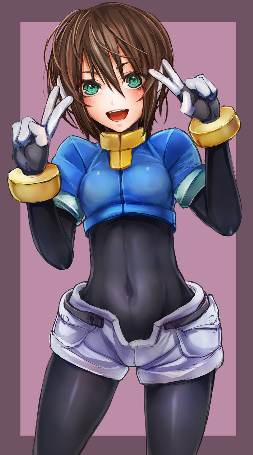 :d aile belt blush bodysuit border brown_hair double_v green_eyes highres looking_at_viewer open_mouth rockman rockman_zx short_hair smile solo taishi_(artist) v