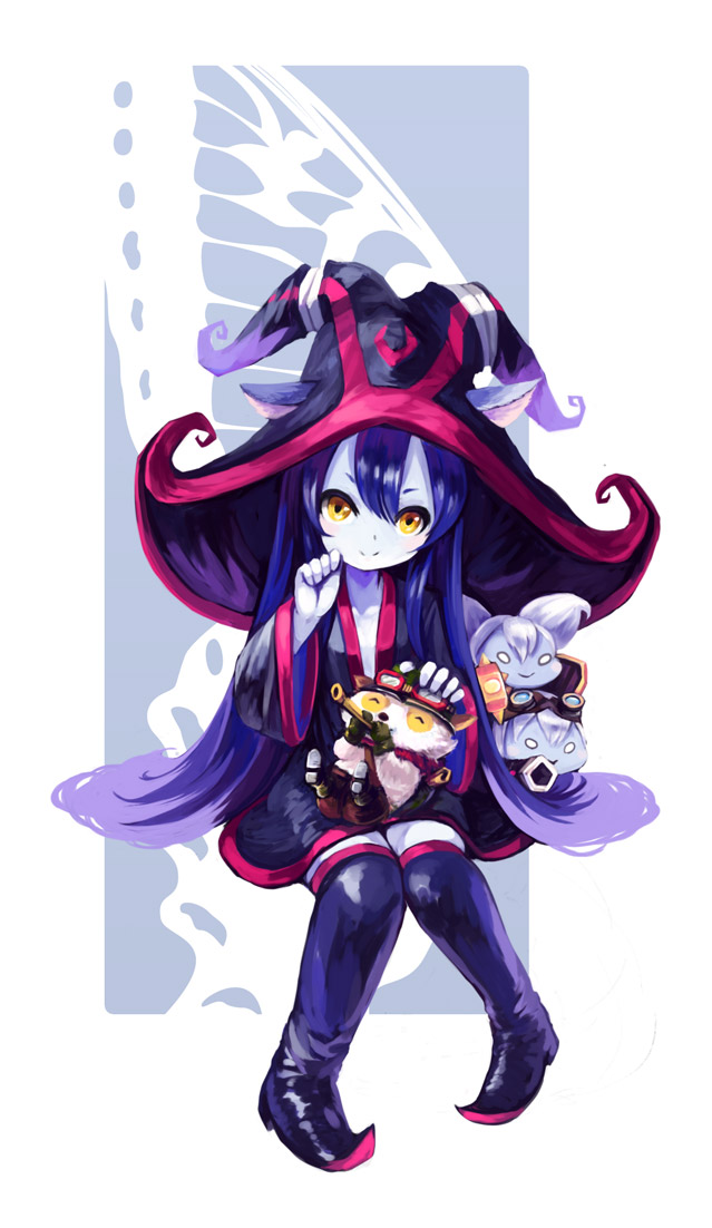 3girls anocco blue_hair blue_skin boots chibi hat league_of_legends long_hair lulu_(league_of_legends) multiple_girls poppy slile smile teemo thigh-highs thigh_boots thighhighs tristana witch_hat yellow_eyes