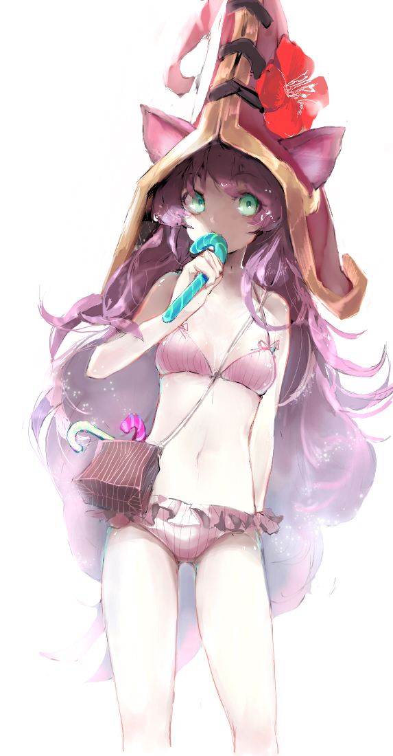 animal_ears bikini breasts candy_cane eating flower food green_hair hat hat_flower joypyonn league_of_legends long_hair looking_at_viewer lulu_(league_of_legends) navel pouch purple_hair simple_background solo swimsuit witch_hat